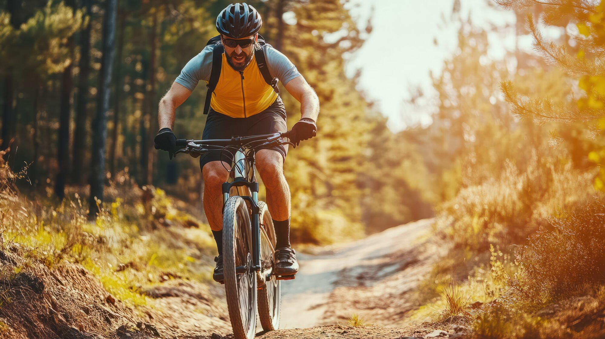 Young man riding bicycle on mountain trail sport