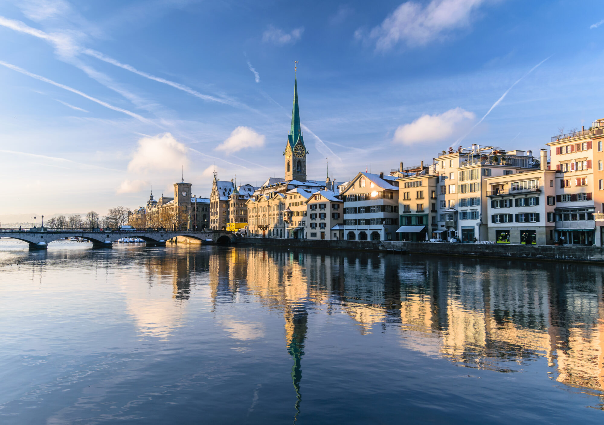 View of Fraumanster church in Winter, Zurich, Switzerland